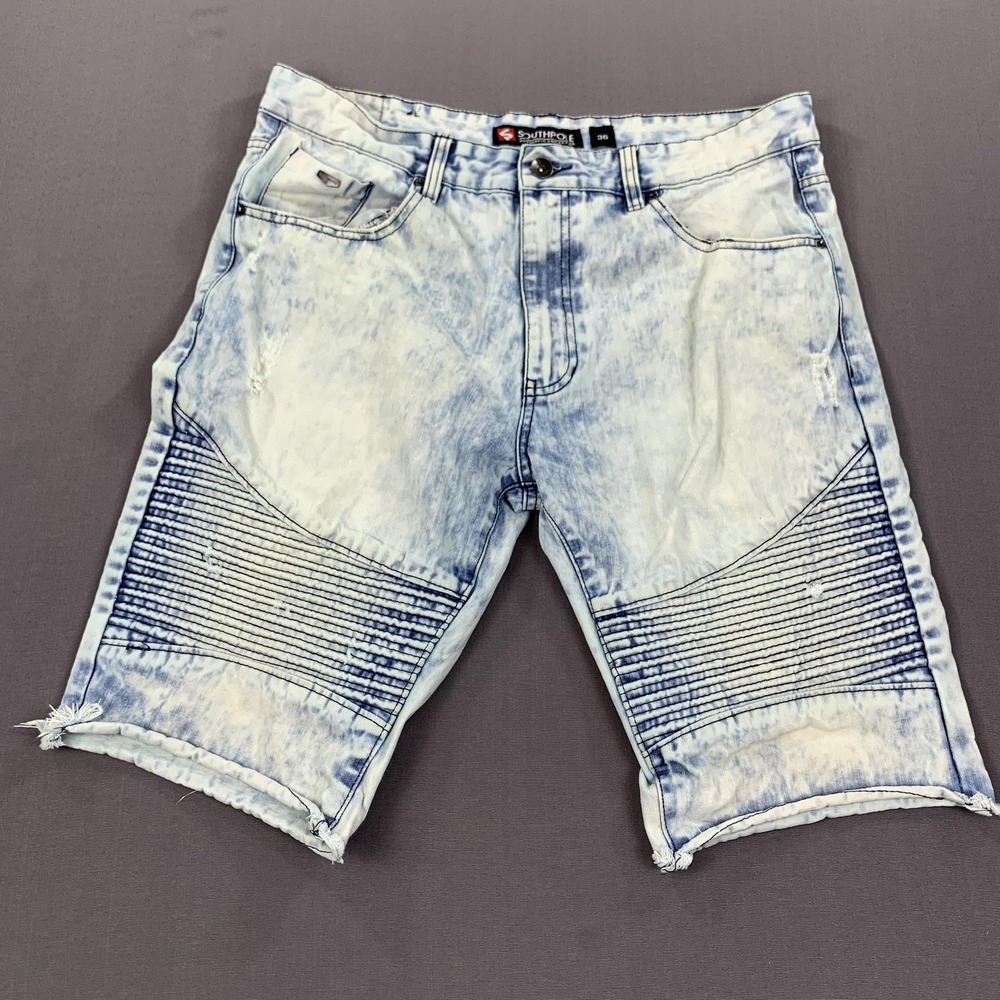 Southpole Shorts Men 36 Blue Acid‎ Wash Distress Denim Moto Biker Streetwear Y2K
